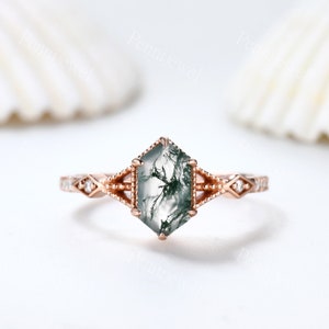 Vintage Long Hexagon Cut Moss Agate Ring Diamond Rose Gold Band Natural Green Moss Agate Jewelry Art Deco Promise Engagement Ring For Women