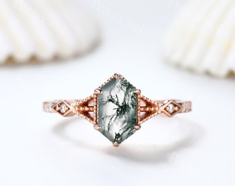 Vintage Long Hexagon Cut Moss Agate Ring Diamond Rose Gold Band Natural Green Moss Agate Jewelry Art Deco Promise Engagement Ring For Women