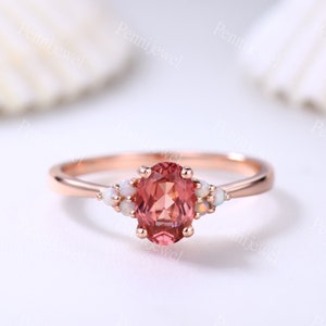 Rose Gold Padparadscha Sapphire Ring,5x7mm Oval Cut Sapphire Opal Engagement Ring,Anniversary Gift For Women,Plain Gold Band,Dainty Ring