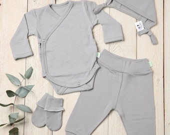 Conjunto de lana para bebé: ropa para recién nacido 100 % lana merino, conjunto de hospital, regalo para bebé de género neutro, conjunto de canastilla natural