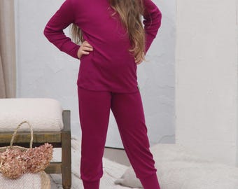Pigiama a maniche lunghe in lana merino per bambini – Pigiama termico naturale per l'inverno. Pigiama in morbida lana per bambine e bambini.