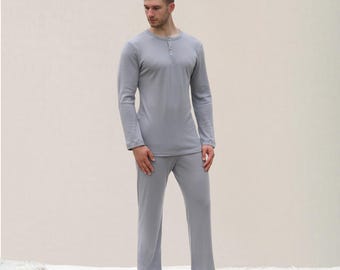 Men’s Merino Wool Pajamas, Warm Long Sleeve Sleepwear Set, Thermal