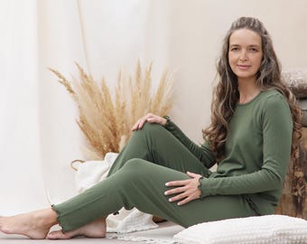 Lange damespyjama van merinowol met ruches – zachte, warme nachtkleding met lange mouwen en broek, ademende nachtkleding voor het hele seizoen