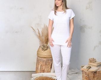Pigiama da donna in lino 100% – Maglia a maniche corte e pantaloni lunghi / Pigiama da notte morbido e traspirante