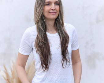 Linen Short Sleeve T-Shirt for Women Crew Round Neck Tee Top