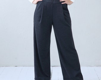 Pantalón clásico de lana merino para mujer, pantalón con bolsillos tallas de XS a XXL Gris Melange 300gsm
