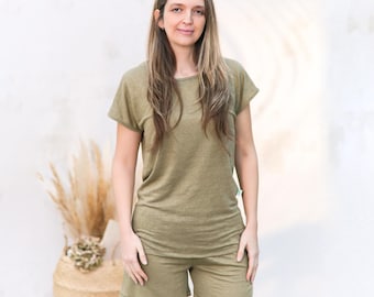 Linen Pajama Set for Women – Soft Summer Sleepwear, Two Piece Loungewear, Linen Shorts and Top, Natural Lightweight PJs