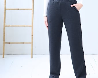 Pantalón casual de lana merino con bolsillos para mujer tallas de XS a XXL Gris Melange 300gsm