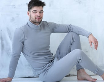 Merino wool thermal underwear set for men – Base Layer Turtleneck & Leggings Soft Breathable Winter clothing Natural Wool
