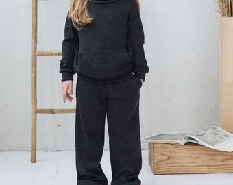 Tweedelige set van sweatshirt en joggingbroek van merinowol voor kinderen Comfy set trui en broek voor meisje en jongen Grijs Melange 300 gsm