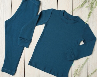 Toddler & Kids Merino wool clothing base layer set - Long sleeve underwear T-shirt and leggings