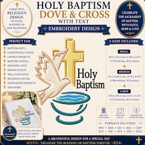 Può includere: Un disegno per ricamo con una croce dorata, una colomba beige e un fonte battesimale blu con il testo Holy Baptism. L'immagine include tre dimensioni che vanno da 88,5 x 54,5 mm a 139,0 x 85,3 mm, il numero di punti e i formati file.