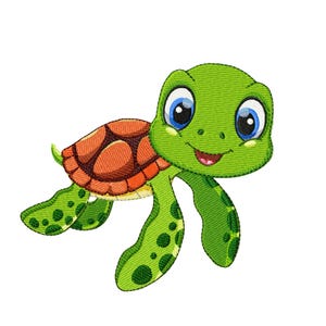 Może przedstawiać: Kreskówkowa ilustracja zielonej żółwia morskiego z brązowym pancerzem, uśmiechającego się z dużymi oczami. Żółw pływa z rozłożonymi płetwami.