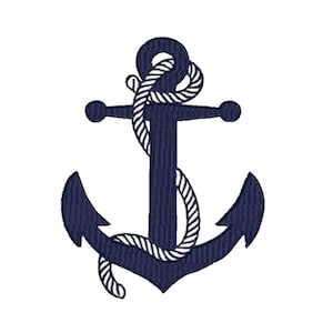 May include: A navy blue anchor with a white rope wrapped around it.