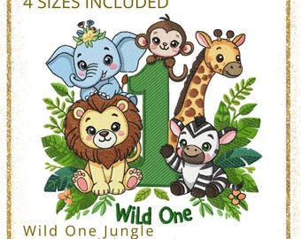 Wild One – Jungle 1st Birthday Embroidery Design – 4 sizes Commercial Use (Instant Download)