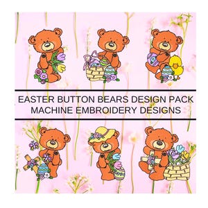 Puede incluir: Un conjunto de cinco diseños de bordado a máquina con osos de botón de Pascua. Los osos sostienen huevos de Pascua, cestas y flores. Los diseños son perfectos para agregar un toque de primavera a tus proyectos.