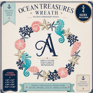 Peut inclure: Un motif de broderie machine représentant une couronne sur le thème de l'océan avec des hippocampes, des étoiles de mer, du corail et des coquillages roses, bleus et bleu marine. Le centre inclut la lettre A et 4 tailles de 13,79 x 14,35 cm à 26,95 x 28,09 cm.