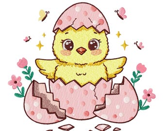 Easter Chick Embroidery Design: Spring Flowers (Instant Download)