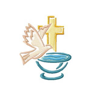May include: A white dove with outstretched wings descends towards a blue baptismal font with water. A gold cross stands behind the dove.