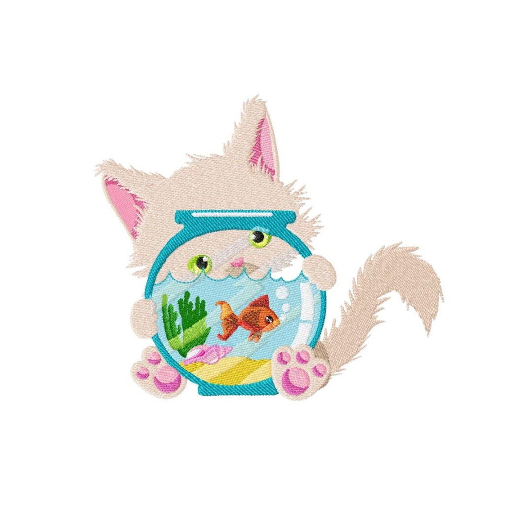 Cream Cat Machine Embroidery Design: Girly Kitten With Fishbowl ...