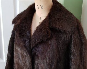 Vintage ladies&#39; mink fur coat, very dark brown, full length - genuine 1970&#39;s fashion (medium-12)