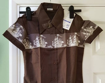 Vintage unworn 1970s dead stock children's button-down shirt in brown with stitched ship detail