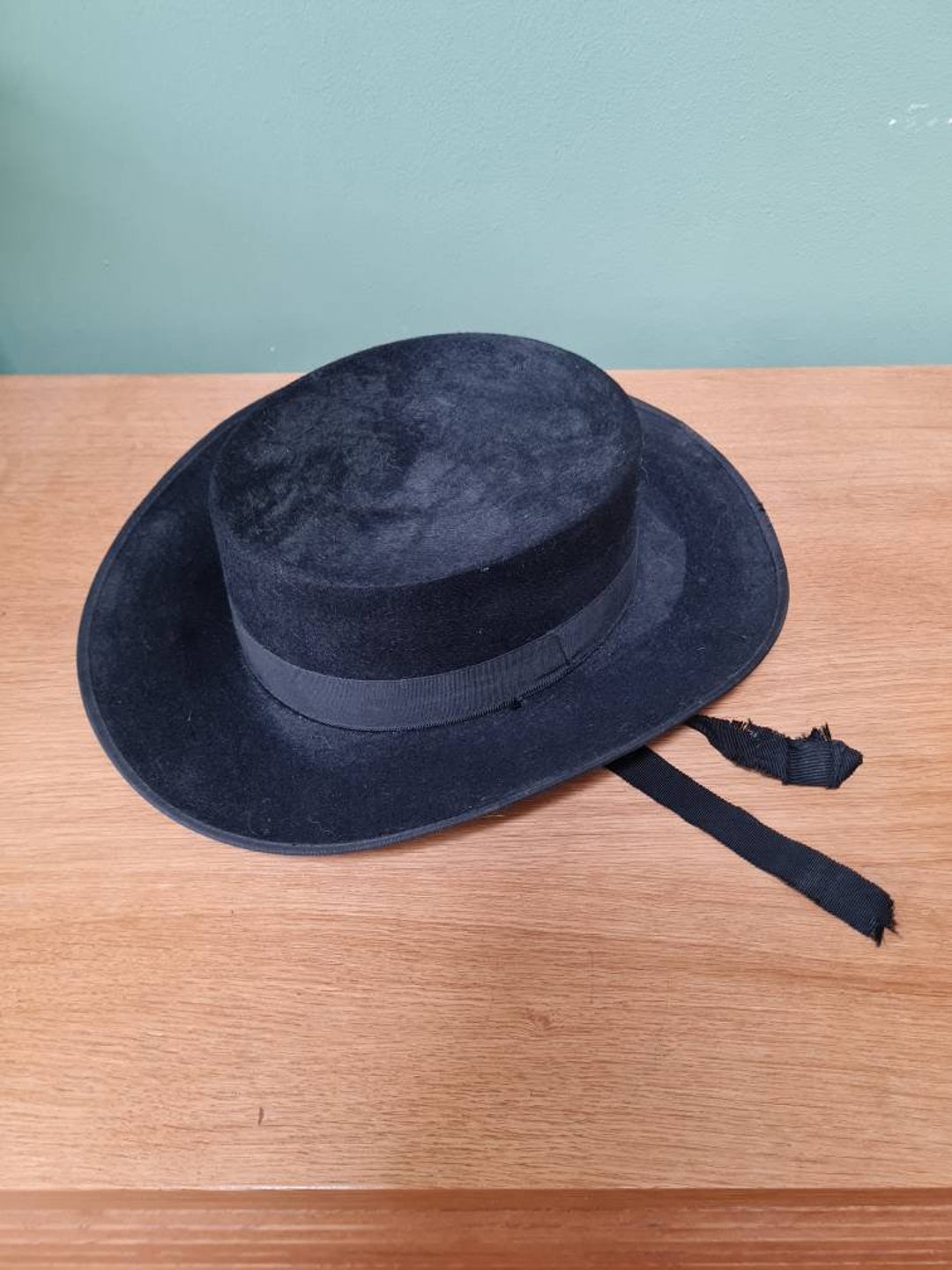 Stiff Ribbon Hat Vintage Black Stiff Wool Andalucian Hat With Ribbon Tie - Etsy