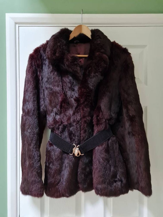 Vintage unisex real rabbit fur jacket in wine red… - image 1