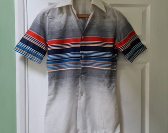 Vintage unworn dead stock 1970s red, blue and tan graphic stripe and spot print shirt