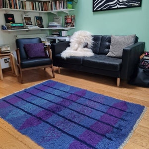 Genuine 1960s Scandinavian Rya Rug Vintage BLUE Mid Century Danish / Swedish Heals
