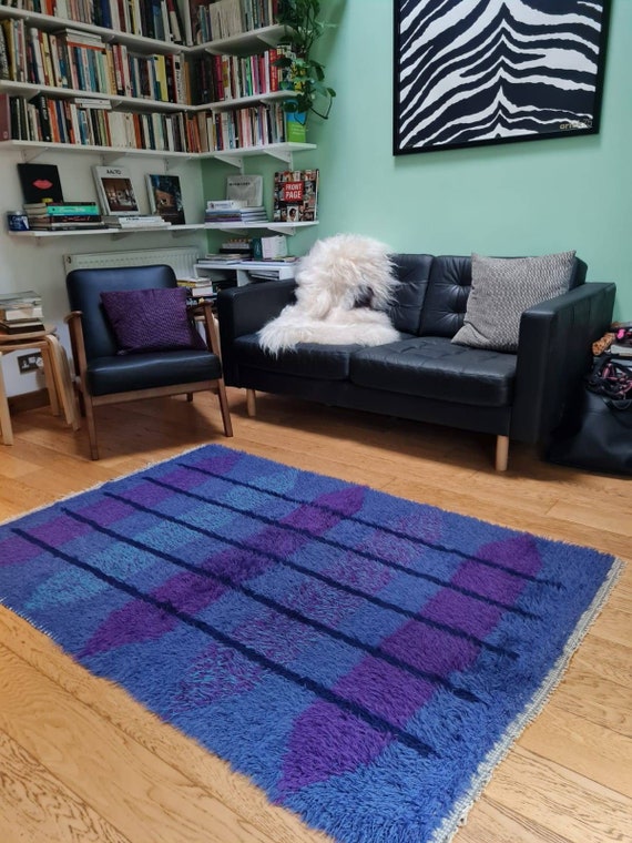 Genuine 1960s Scandinavian Rya Rug Vintage BLUE Mid Century Danish