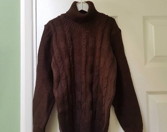 Vintage unworn dead stock 1970s children's brown cable knit poloneck jumper sweater