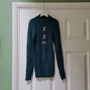 Vintage unworn dead stock 1970s children&#39;s dark teal jumper sweater with tie detail