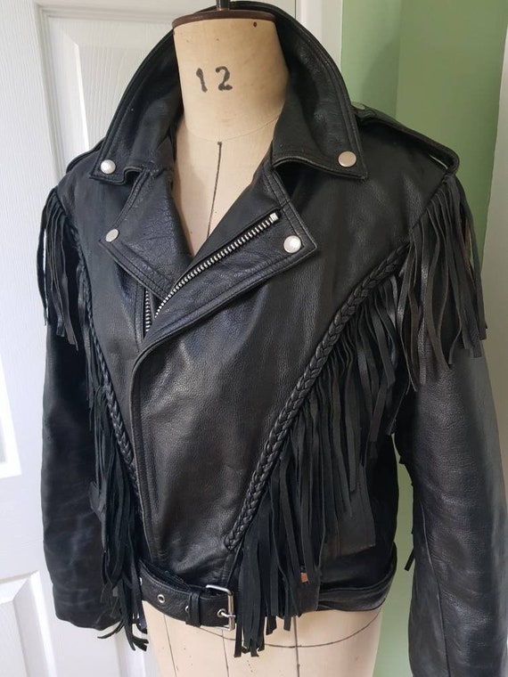Vintage unisex fringed leather jacket in black