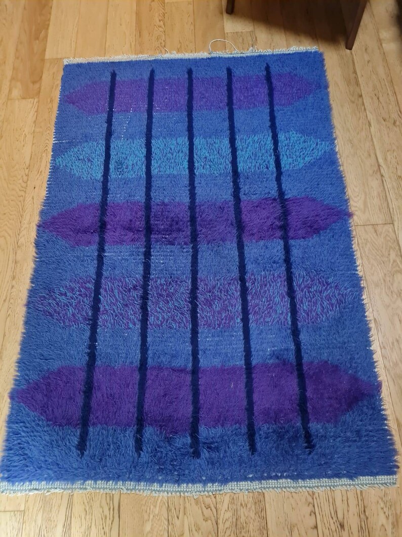 Genuine 1960s Scandinavian Rya Rug Vintage BLUE Mid Century Danish