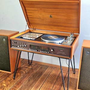 Vintage Dynatron 1970s Teak Record Player radiogram with teak stand