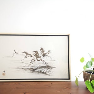 Xu Beihong, galloping horses - genuine vintage wood framed fine art print mid century 1960s era