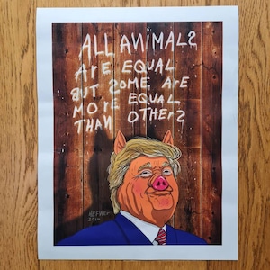 Vintage poster, gesigneerd Hefner - Donald Trump als varken, Animal Farm