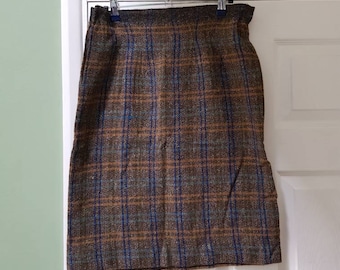 Retro vintage dead stock 1970s women's GLENFLEX brown tweed plaid pencil skirt (M/L) - made in England