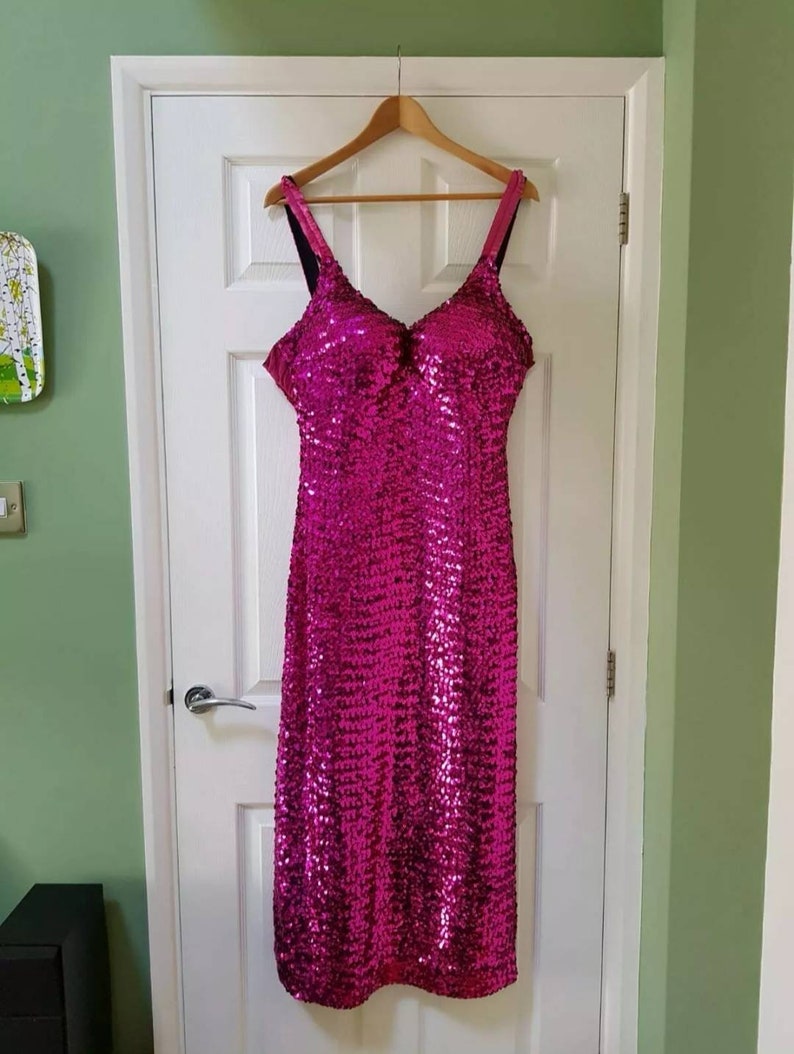 Vintage Drag Queen Sheath Dress Evening Gown Fuchsia Pink Sequins Worn ...