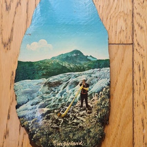 Vintage scenic wooden tourist souvenir plaque from Switzerland