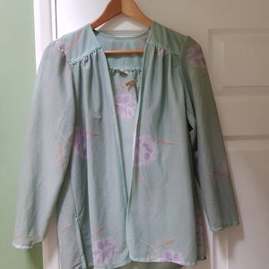 Vintage unworn dead stock 1970s ladies&#39; sheer duck-egg blue shirt jacket with floral pattern