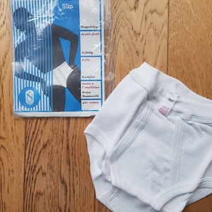 Vintage unworn European dead stock: 1970s men&#39;s FIRST CLASS brand white ribbed Y-front style pants/underpants (SMALL)