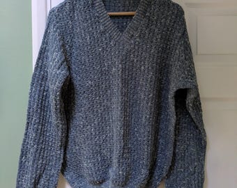 Vintage retro 1980s V-neck jumper sweater in blue green marl