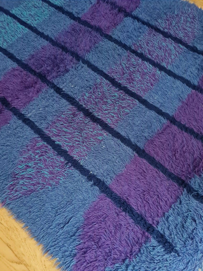 Genuine 1960s Scandinavian Rya Rug Vintage BLUE Mid Century Danish