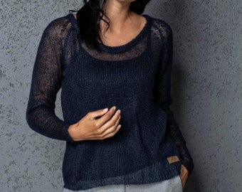 Blauwe gebreide mohair trui, pullover, lichtgewicht mohair trui, DDP-verzending voor Amerikaanse kopers