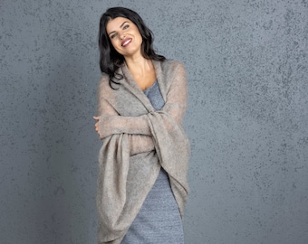 Oversized Mohair Cardigan, lightweight mohair wrap cocoa
