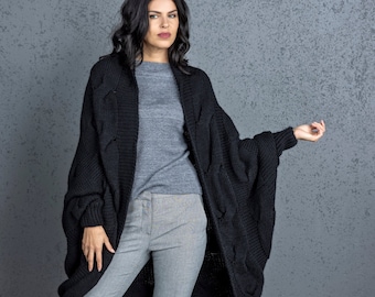 Cardigan tricoté, cardigan surdimensionné, pull alpaga, enveloppement tricoté, cardigan alpaga, cardigan long, cardigan chunky, cardigan noir, enveloppement