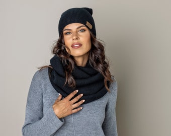 Snood in lana merino, cappello in lana merino, berretto in lana merino, sciarpa infinita, snood regalo, set in lana merino lavorata a maglia, elegante berretto snood, sciarpe