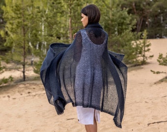 Écharpe en laine mohair tricotée, écharpe en laine bleue, écharpe en mohair large, châle d'été, châle léger tricoté, écharpe en laine tricotée, écharpe légère, écharpe en mohair